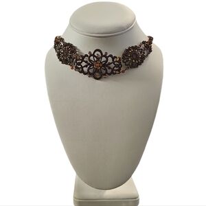 Vintage VCLM Antique Color Metal and Amber Rhinestones Choker Necklace